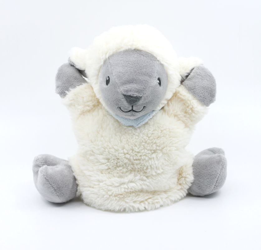  - marionnette mouton beige gris bandana bleu 25 cm 